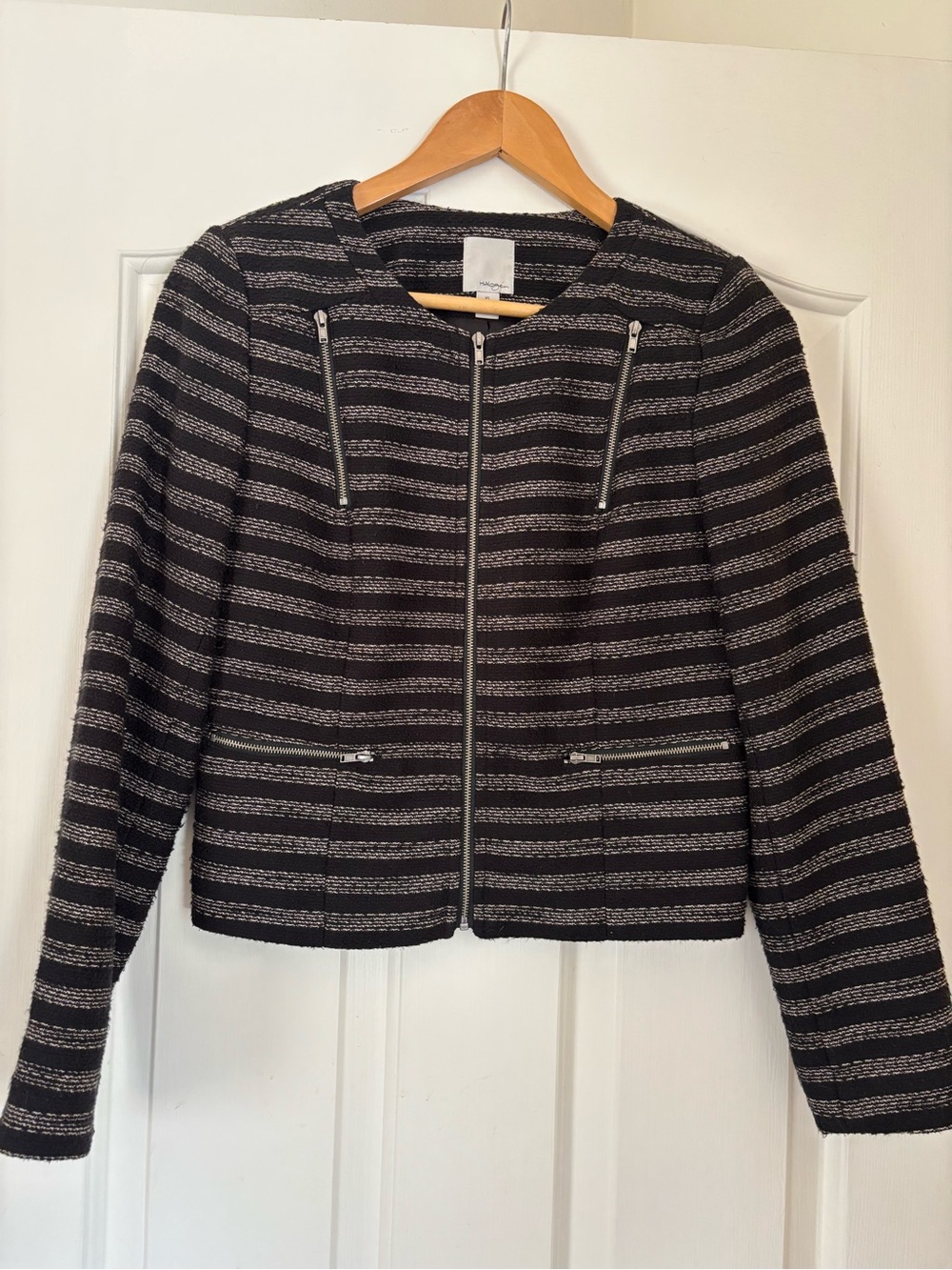 Halogen Striped Tweed Black & White Cropped Zip-Front Women's Blazer Nordstrom